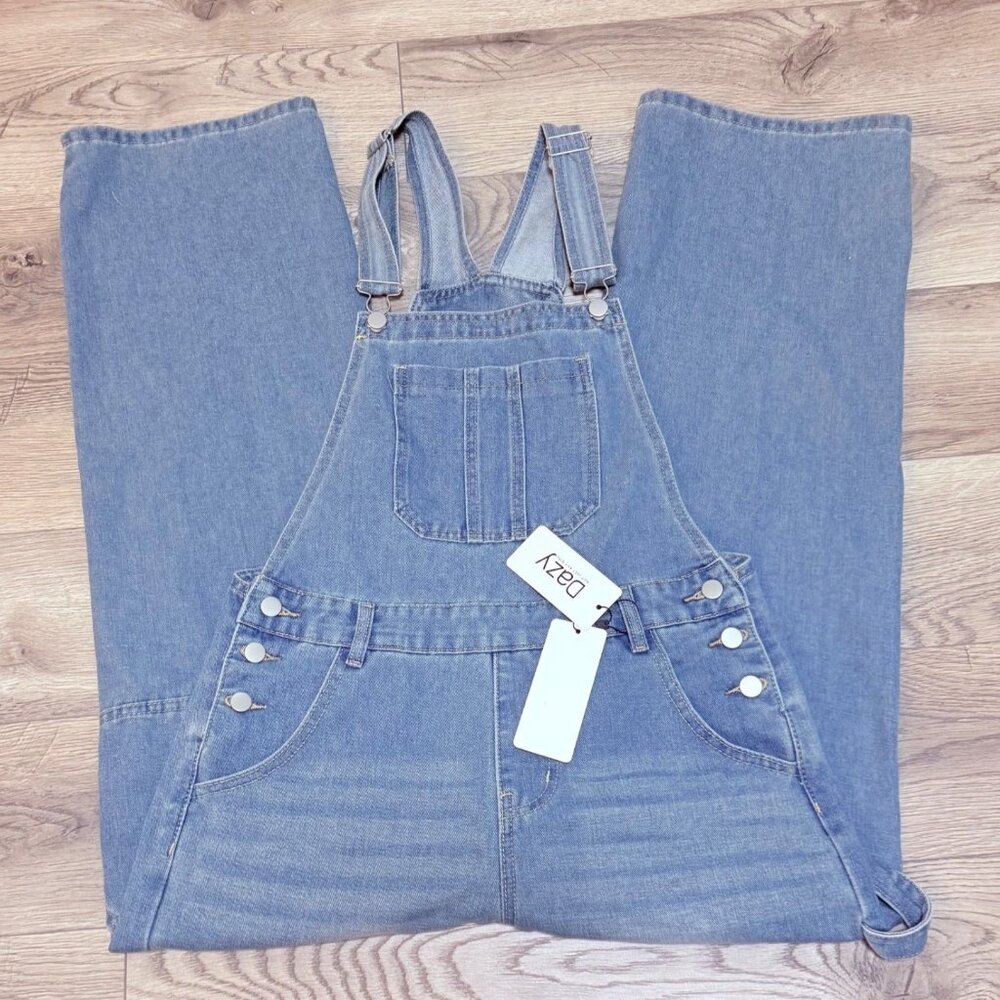 Dazy Womens Wide Leg Denim Bib Overalls Size L Blue Jean Farmcore Garden Faded